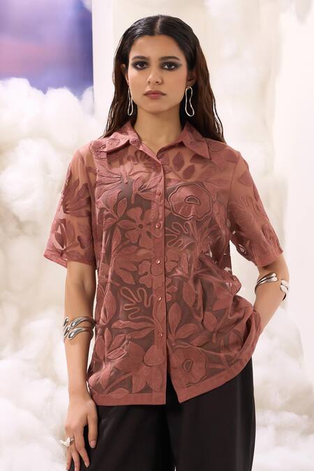Shop_Sahil Kochhar_Pink Organza Applique Collared Rama Sheer Shirt _Online_at_Aza_Fashions