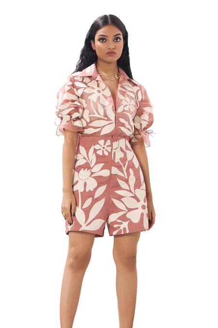 Buy_Sahil Kochhar_Pink Organza Applique Shawl Neck Rebekah Floral Jumpsuit _Online_at_Aza_Fashions