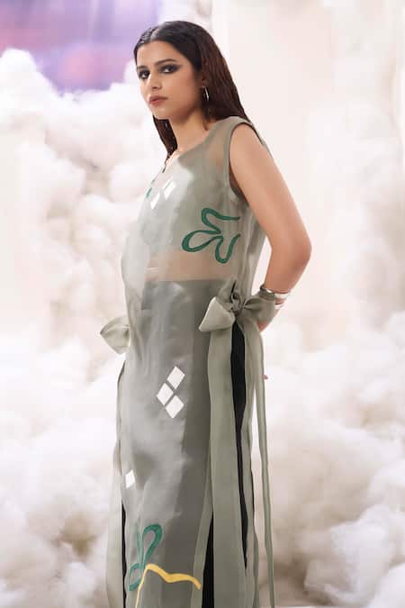 Shop_Sahil Kochhar_Green Organza Applique Square Neck Rihana High-low Long Top _at_Aza_Fashions