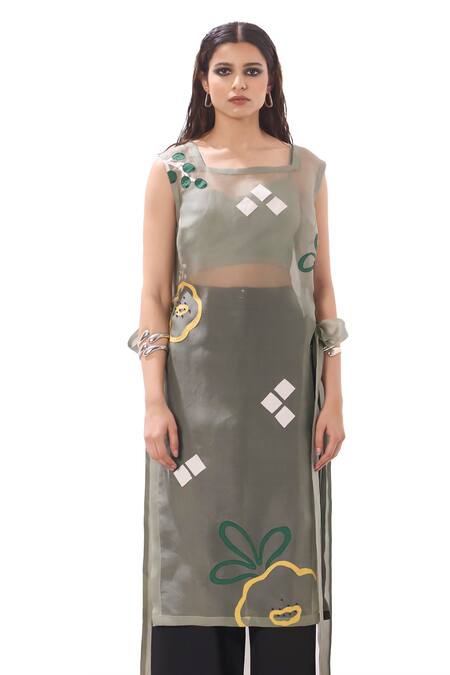 Sahil Kochhar_Green Organza Applique Square Neck Rihana High-low Long Top _Online_at_Aza_Fashions