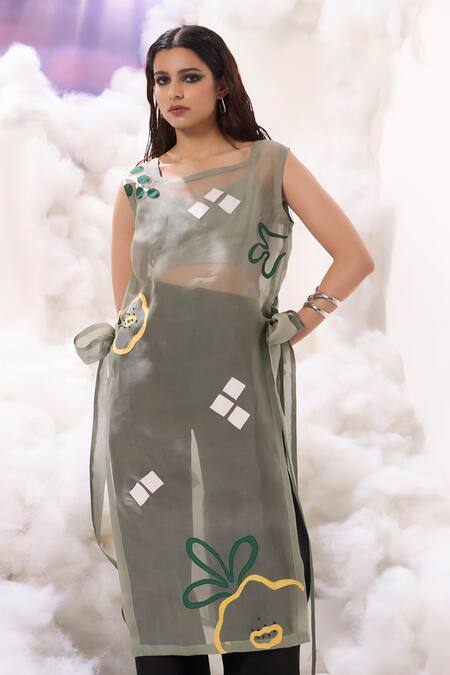 Buy_Sahil Kochhar_Green Organza Applique Square Neck Rihana High-low Long Top _Online_at_Aza_Fashions