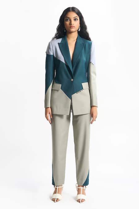 Buy_Sahil Kochhar_Green Suiting Colourblock Roma Placement Pant  _Online_at_Aza_Fashions