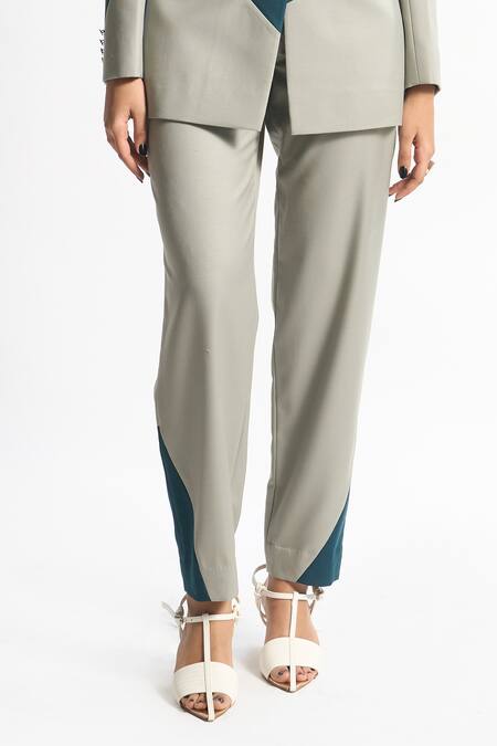 Shop_Sahil Kochhar_Green Suiting Colourblock Roma Placement Pant  _Online_at_Aza_Fashions