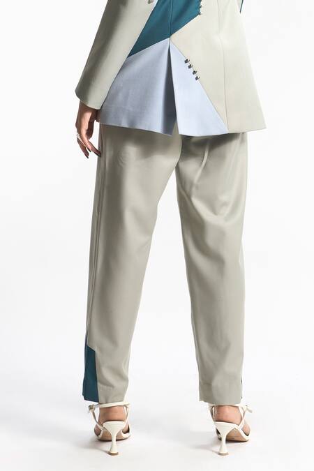 Sahil Kochhar_Green Suiting Colourblock Roma Placement Pant  _at_Aza_Fashions