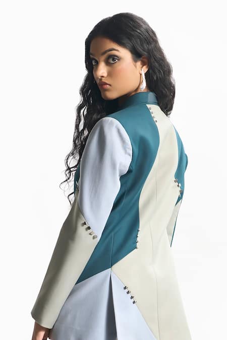 Shop Sahil Kochhar Blue Suiting Embellished Colourblock Lapel Collar Roma Jacket at Aza Fashions Shop_Sahil Kochhar_Blue Suiting Embellished Colourblock Lapel Collar Roma Jacket _at_Aza_Fashions