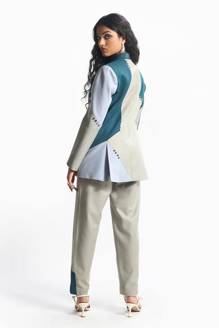 Sahil Kochhar Blue Suiting Embellished Colourblock Lapel Collar Roma Jacket Online at Aza Fashions Sahil Kochhar_Blue Suiting Embellished Colourblock Lapel Collar Roma Jacket _Online_at_Aza_Fashions