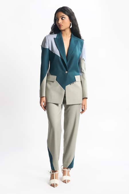 Shop Sahil Kochhar Blue Suiting Embellished Colourblock Lapel Collar Roma Jacket Online at Aza Fashions Shop_Sahil Kochhar_Blue Suiting Embellished Colourblock Lapel Collar Roma Jacket _Online_at_Aza_Fashions