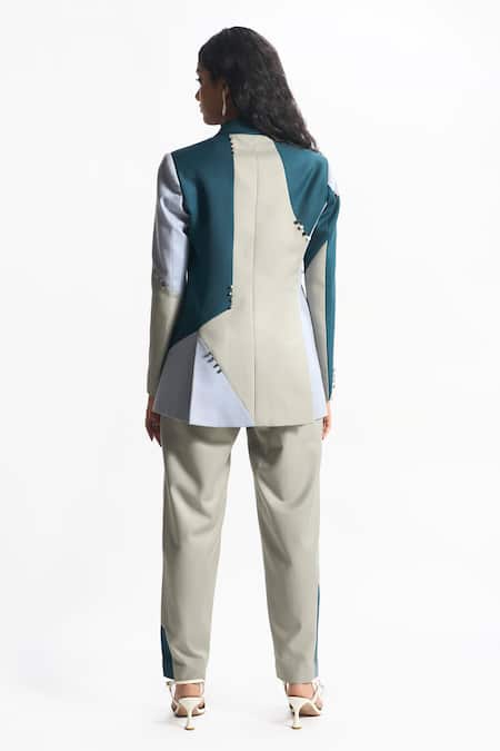 Sahil Kochhar Blue Suiting Embellished Colourblock Lapel Collar Roma Jacket at Aza Fashions Sahil Kochhar_Blue Suiting Embellished Colourblock Lapel Collar Roma Jacket _at_Aza_Fashions