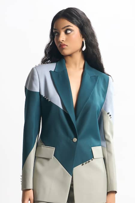 Buy Sahil Kochhar Blue Suiting Embellished Colourblock Lapel Collar Roma Jacket Buy_Sahil Kochhar_Blue Suiting Embellished Colourblock Lapel Collar Roma Jacket