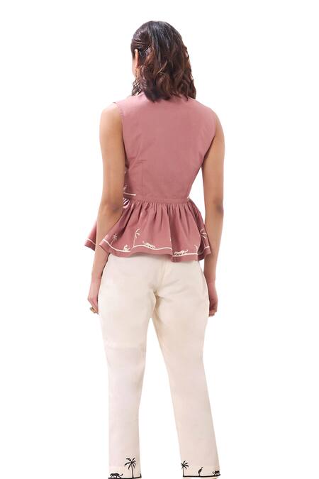 Sahil Kochhar_Pink Poplin Embroidery V-neck Saya Applique Peplum Top _Online_at_Aza_Fashions