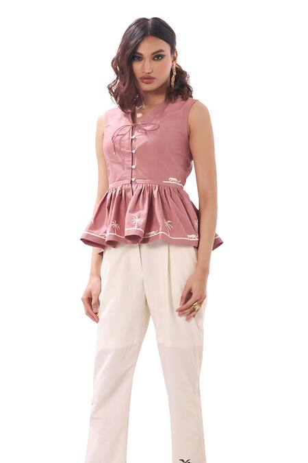 Buy_Sahil Kochhar_Pink Poplin Embroidery V-neck Saya Applique Peplum Top _Online_at_Aza_Fashions