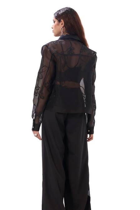 Sahil Kochhar Black Organza Sequins, Applique Shawl Shaben Floral Embroidered Cropped Jacket Online at Aza Fashions Sahil Kochhar_Black Organza Sequins, Applique Shawl Shaben Floral Embroidered Cropped Jacket _Online_at_Aza_Fashions
