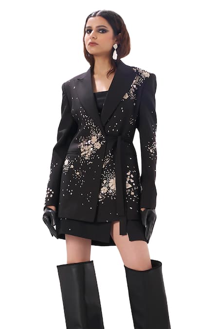 Sahil Kochhar Black Suiting Embellished Applique Lapel Collar Shaza Floral Jacket Online at Aza Fashions Sahil Kochhar_Black Suiting Embellished Applique Lapel Collar Shaza Floral Jacket _Online_at_Aza_Fashions