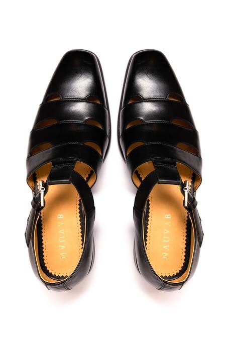 Shop_Nauvab_Black Plain Sultan Multi-strap Sandals _at_Aza_Fashions