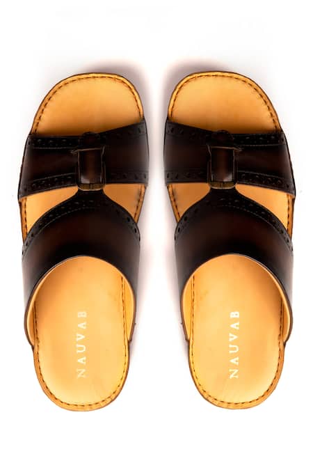 Shop Nauvab Brown Plain Baksua Brogue Dual Strap Sandals at Aza Fashions Shop_Nauvab_Brown Plain Baksua Brogue Dual Strap Sandals _at_Aza_Fashions