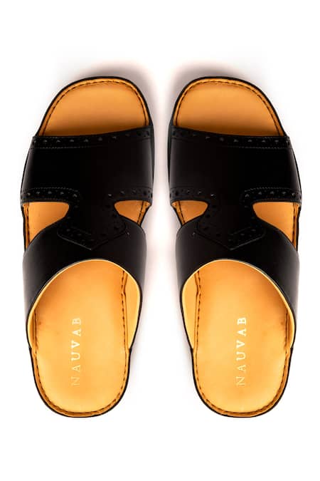 Shop_Nauvab_Black Plain Arba Minar Brogue Sandals _at_Aza_Fashions