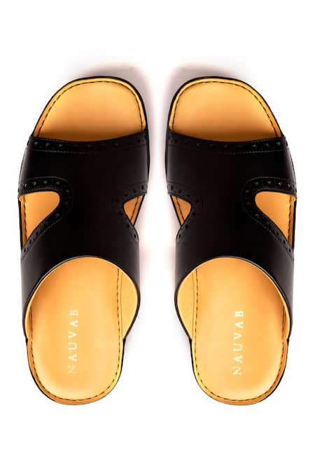 Shop_Nauvab_Black Plain Leather Arba Brogue Sandals _at_Aza_Fashions