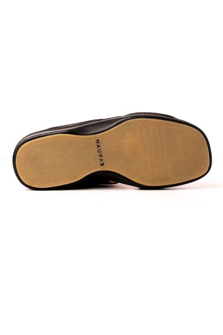 Nauvab_Black Plain Leather Arba Brogue Sandals _Online_at_Aza_Fashions
