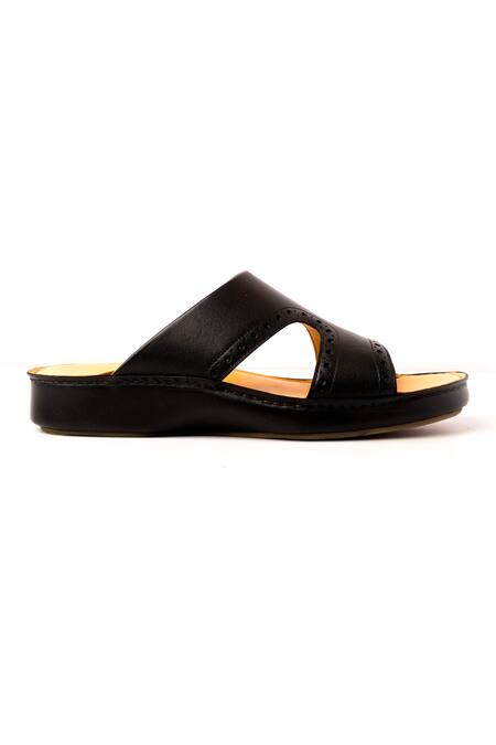 Buy_Nauvab_Black Plain Leather Arba Brogue Sandals _Online_at_Aza_Fashions