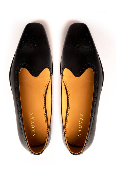 Shop_Nauvab_Black Plain Nagra Brogue Shoes _at_Aza_Fashions
