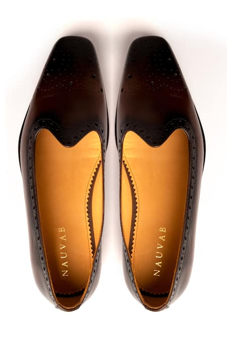 Shop_Nauvab_Brown Plain Nagra Brogue Leather Shoes _at_Aza_Fashions