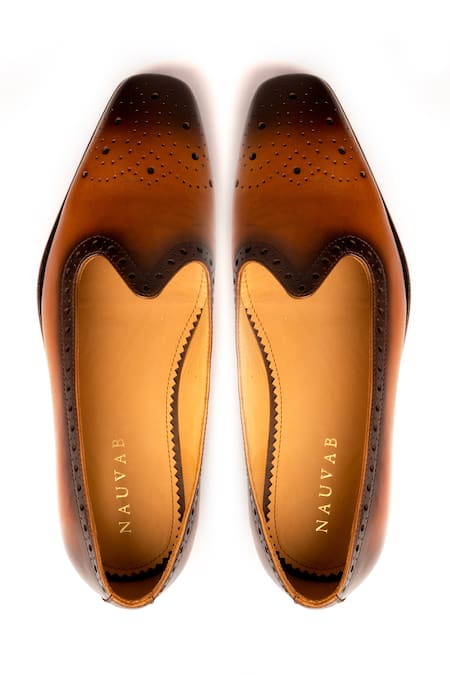 Shop_Nauvab_Brown Plain Nagra Leather Brogue Shoes _at_Aza_Fashions