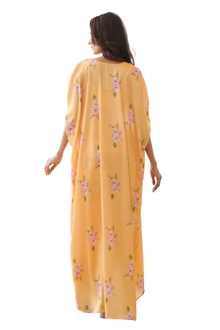 Shop Pasha India Yellow Satin, Silk Square Neck Jasmine Print Cape Skirt Set Shop_Pasha India_Yellow Satin, Silk Square Neck Jasmine Print Cape Skirt Set
