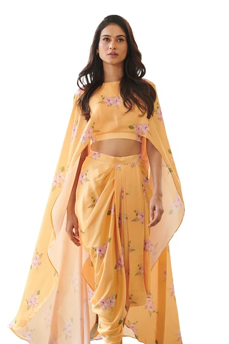 Buy Pasha India Yellow Silk Jasmine Print Cape Sleeve Top With Draped Skirt Buy_Pasha India_Yellow Silk Jasmine Print Cape Sleeve Top With Draped Skirt