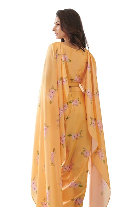 Shop Pasha India Yellow Silk Jasmine Print Cape Sleeve Top With Draped Skirt Shop_Pasha India_Yellow Silk Jasmine Print Cape Sleeve Top With Draped Skirt