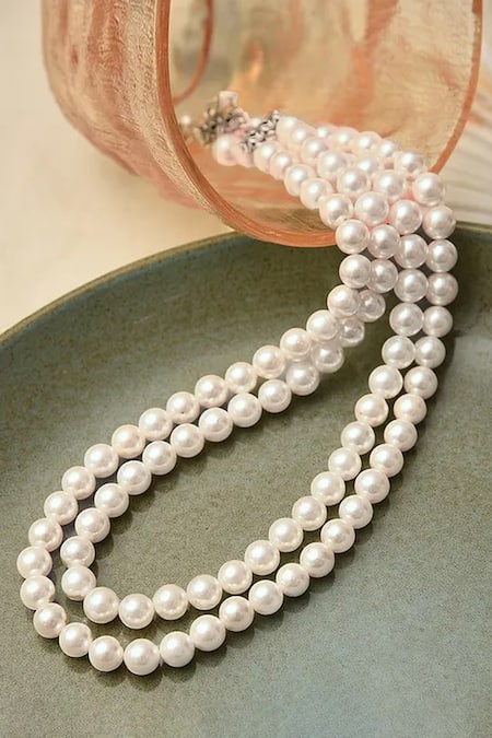 Shop_Kastiya Jewels_White Pearl Double Strand Necklace _at_Aza_Fashions