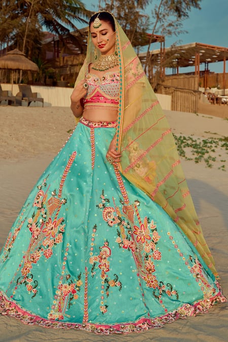 Sidhaarth & Disha Blue Blouse And Lehenga Raw Silk Embroidery Resham Sweetheart Gullista Set 