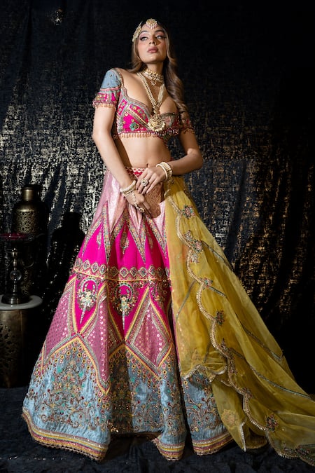 Sidhaarth & Disha Pink Blouse And Lehenga Raw Silk Embroidery Mirror Bahar Mahal Zari Thread Set