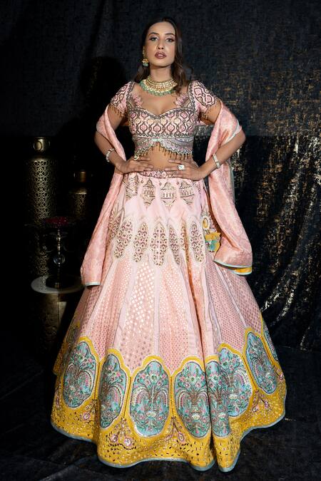 Sidhaarth & Disha Peach Blouse Raw Silk Embroidery Resham Shamiyana Lehenga Set 