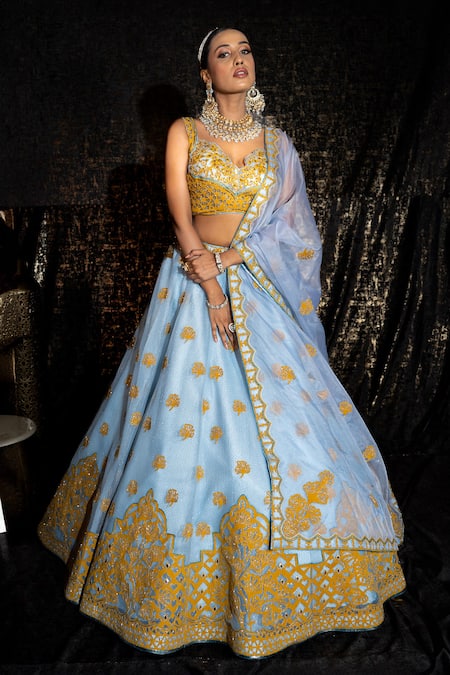 Sidhaarth & Disha Blue Blouse Organza With Velvet Patch Embroidery Sequin Gulmohar Lehenga Set 