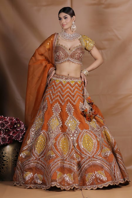 Sidhaarth & Disha Orange Blouse Raw Silk Embroidery Gota Wildbloom And Zari Lehenga Set 