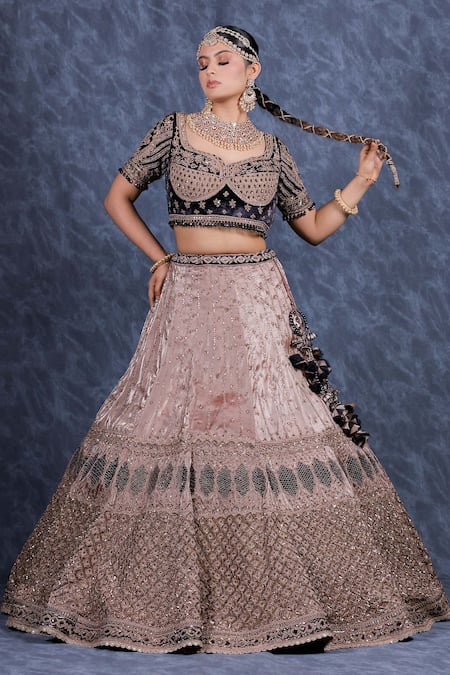 Sidhaarth & Disha Pink Blouse And Dupatta Velvet Embroidery Phool & Sequin Bridal Lehenga Set