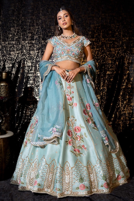 Sidhaarth & Disha Blue Blouse And Lehenga Raw Silk Embroidery Resham V Neck Phool Gul Set