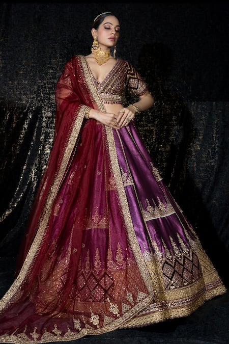 Sidhaarth & Disha Wine Blouse And Lehenga Tissue Organza Embroidery Resham Sheesh Darbar Set 