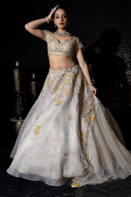 Sidhaarth & Disha Grey Blouse And Lehenga Tissue Organza Phool Bagh & Aari Set 