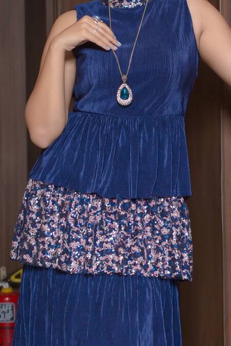 Buy Bohobi Blue Velvet Sequins Collared Midnight Feelings Tiered Dress Online at Aza Fashions Buy_Bohobi_Blue Velvet Sequins Collared Midnight Feelings Tiered Dress _Online_at_Aza_Fashions