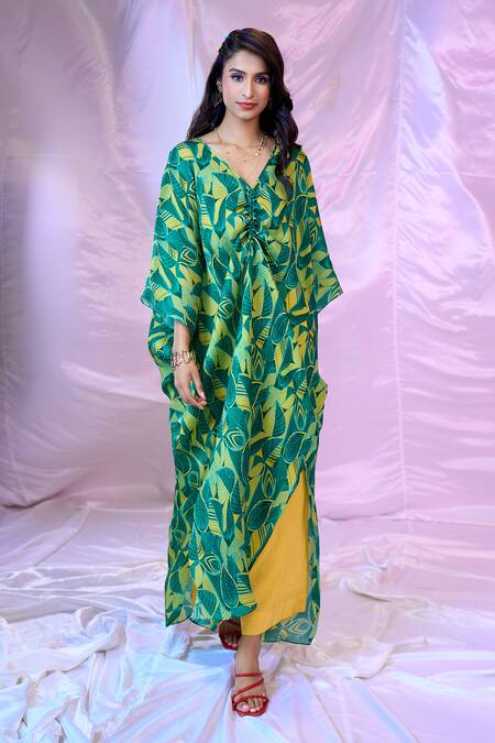 Buy Siarra Green Satin V-neck Leaf Print Kaftan Tunic And Pant Set Online at Aza Fashions Buy_Siarra_Green Satin V-neck Leaf Print Kaftan Tunic And Pant Set _Online_at_Aza_Fashions