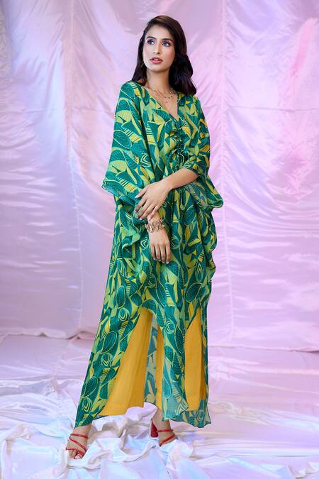 Shop Siarra Green Satin V-neck Leaf Print Kaftan Tunic And Pant Set Online at Aza Fashions Shop_Siarra_Green Satin V-neck Leaf Print Kaftan Tunic And Pant Set _Online_at_Aza_Fashions