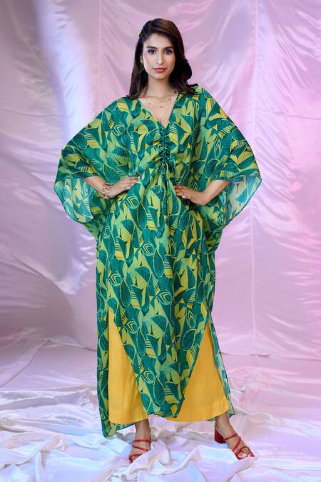 Siarra Green Satin V-neck Leaf Print Kaftan Tunic And Pant Set at Aza Fashions Siarra_Green Satin V-neck Leaf Print Kaftan Tunic And Pant Set _at_Aza_Fashions