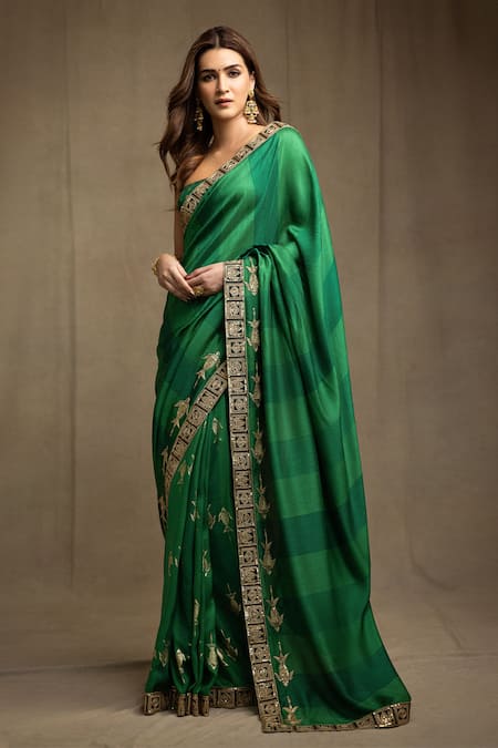 Masaba Green Raw Silk Embroidered Fish Motif Saree With Unstitched Blouse 