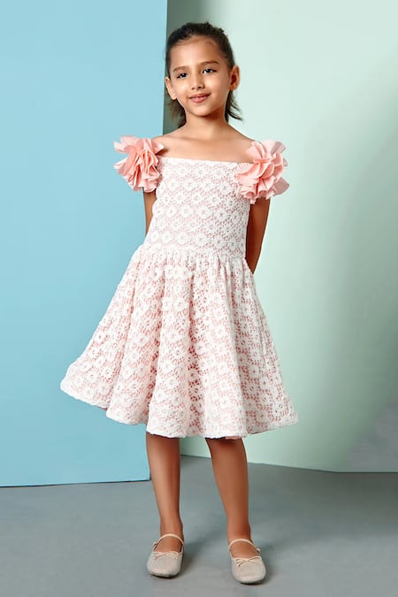 Pnk Isha Arora (Pink) Peach Fabric Floral Off Shoulder Dress Online at Aza Fashions Pnk Isha Arora (Pink)_Peach Fabric Floral Off Shoulder Dress _Online_at_Aza_Fashions