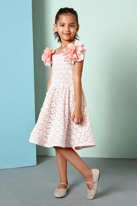 Shop Pnk Isha Arora (Pink) Peach Fabric Floral Off Shoulder Dress Online at Aza Fashions Shop_Pnk Isha Arora (Pink)_Peach Fabric Floral Off Shoulder Dress _Online_at_Aza_Fashions