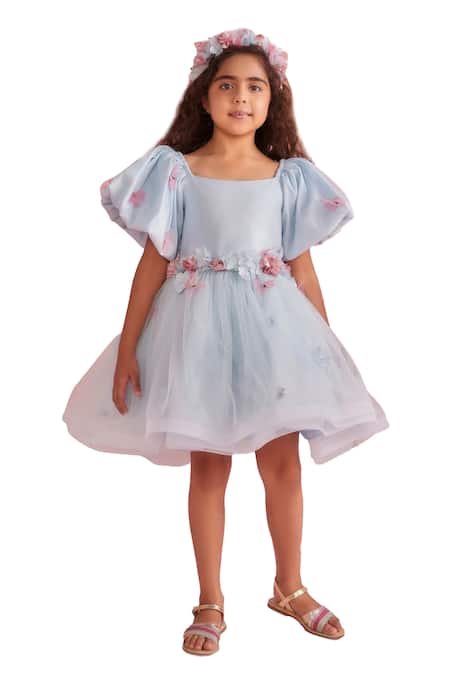 Pnk Isha Arora (Pink)_Blue Dupion Embellished Floral Applique Blossom Butterfly Dress  _Online_at_Aza_Fashions