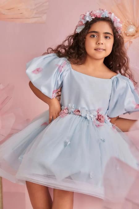 Buy_Pnk Isha Arora (Pink)_Blue Dupion Embellished Floral Applique Blossom Butterfly Dress  _Online_at_Aza_Fashions