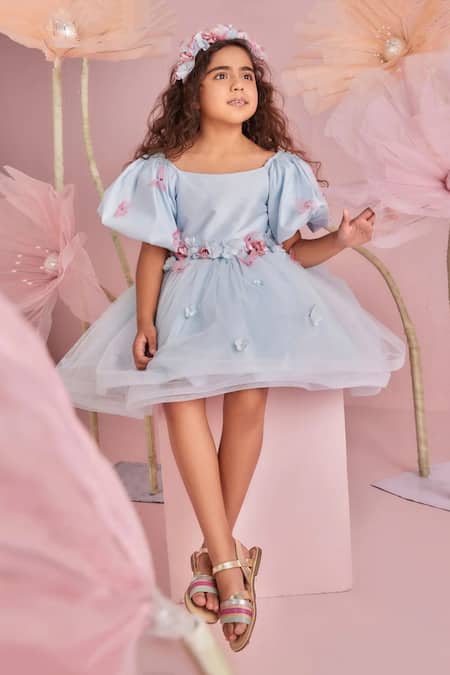 Shop_Pnk Isha Arora (Pink)_Blue Dupion Embellished Floral Applique Blossom Butterfly Dress  _Online_at_Aza_Fashions