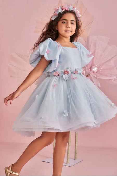 Pnk Isha Arora (Pink)_Blue Dupion Embellished Floral Applique Blossom Butterfly Dress  _at_Aza_Fashions